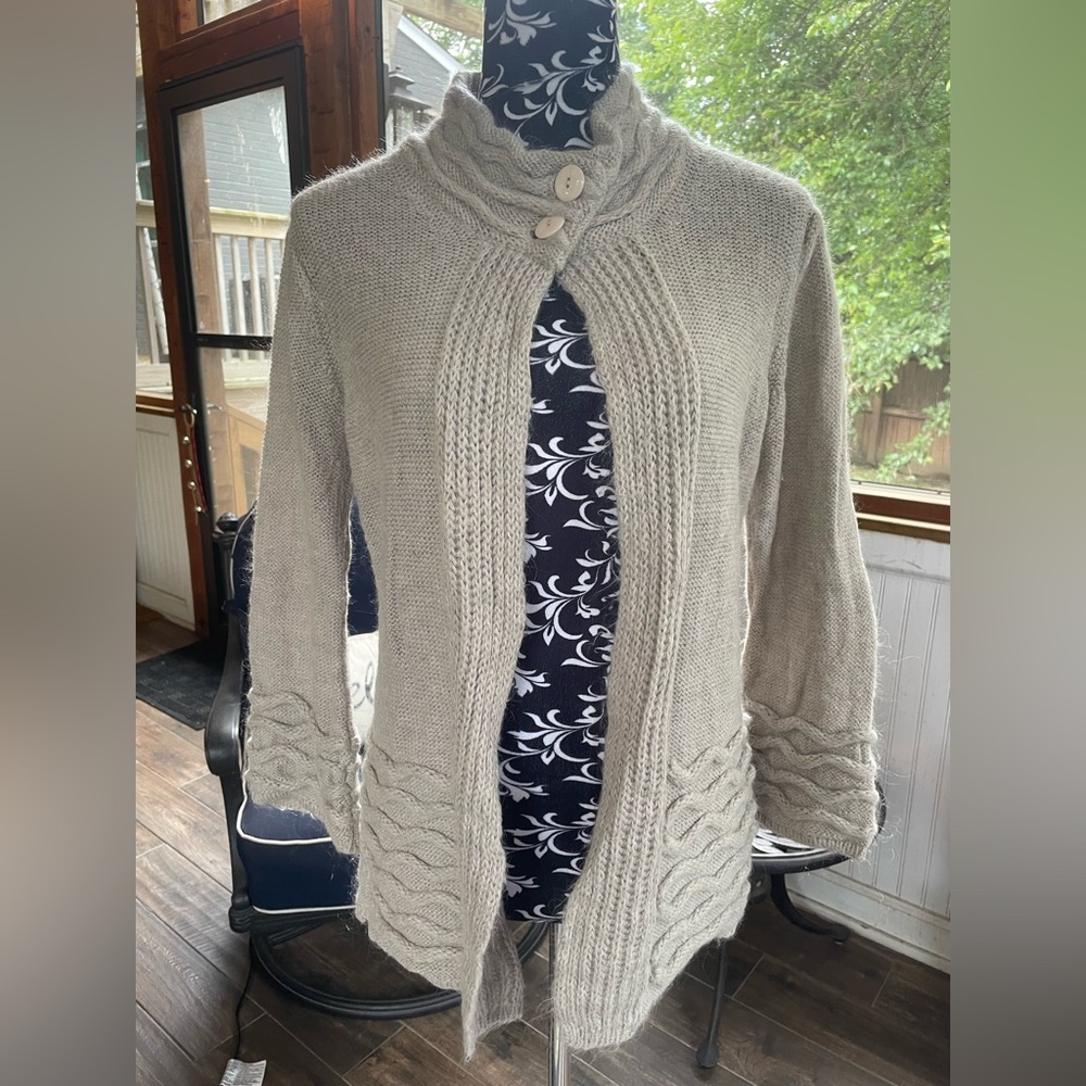 Maryline Cream Ribbed Knit Cardigan with High Collar - Made in Italy